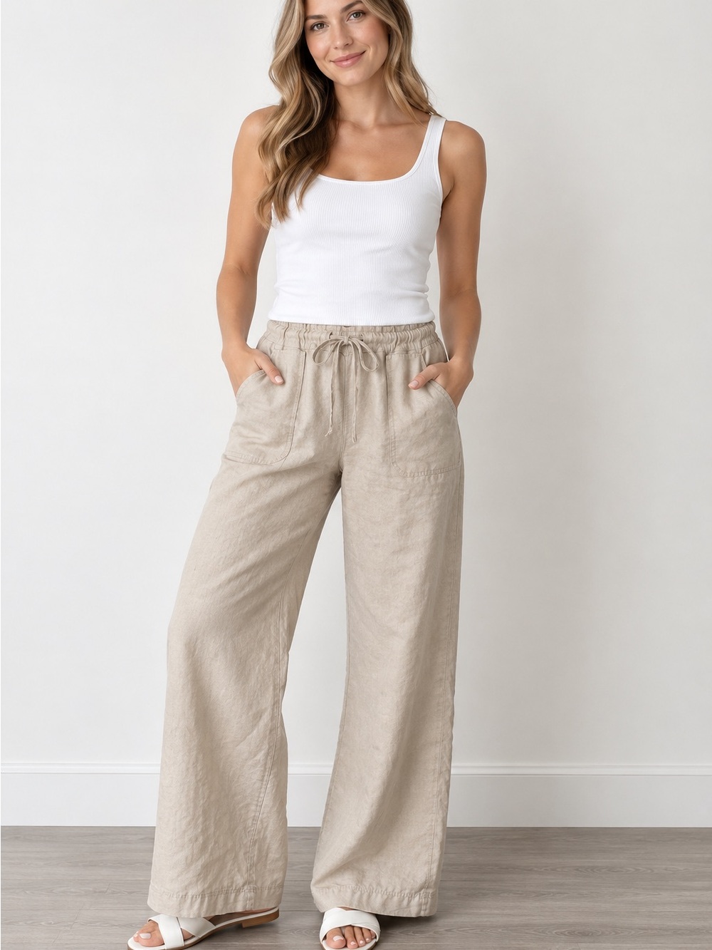 Sophie Max Linen-Blend Wide Leg Drawstring Pants - Taupe